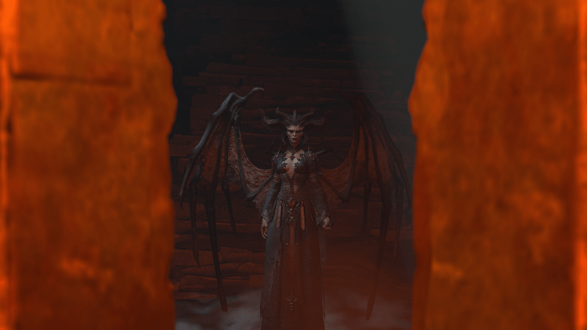 A screenshot of Lilith entering the gates of Hell in Diablo 4