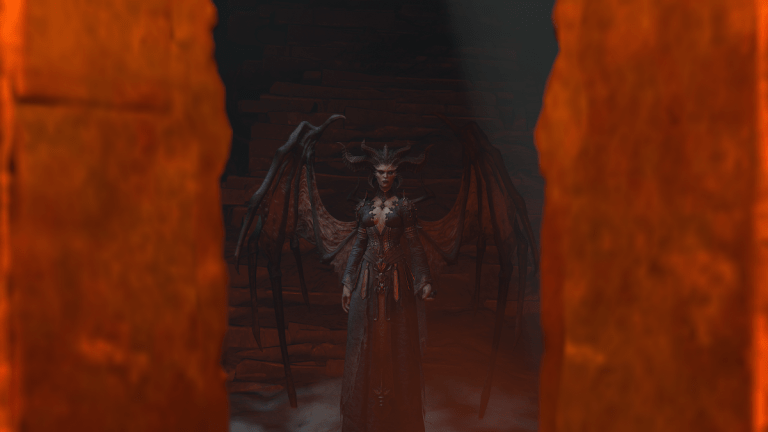 A screenshot of Lilith entering the gates of Hell in Diablo 4