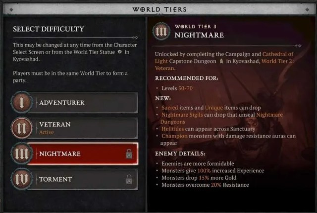 The World Tier selection screen on Diablo 4, highlighting the Nightmare difficulty.