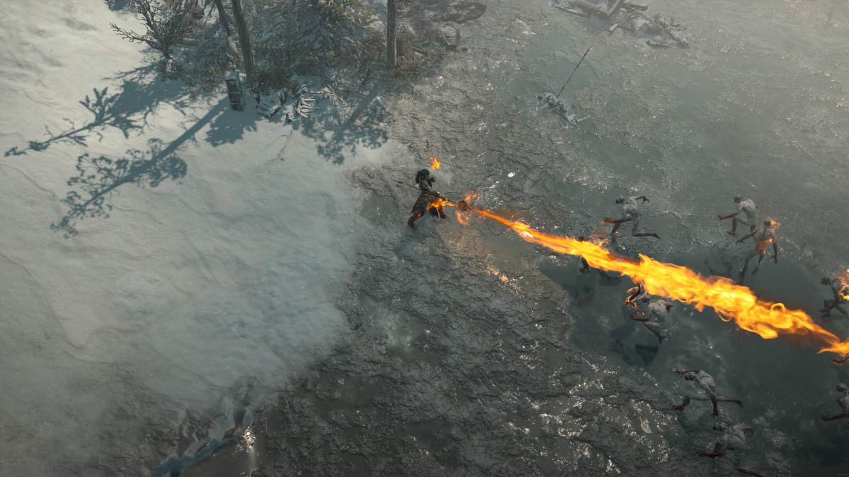 A sorcerer casts a pillar of fire at a charging group of ghouls in Diablo 4.