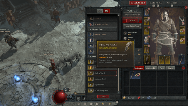A screenshot of Diablo IV showing the Coiling Ward in a player's inventory. 