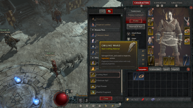 A screenshot of Diablo IV showing the Coiling Ward in a player's inventory. 