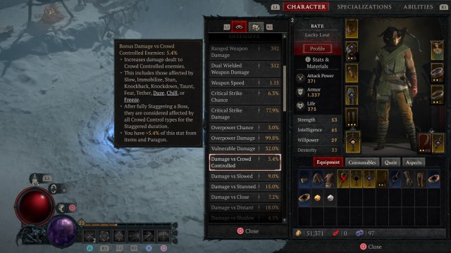 A character screen showing Damage vs Crowd Controlled in Diablo 4.
