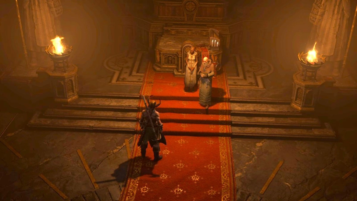 A Diablo 4 character approaches two characters in front of an altar with two fires lit on either side.