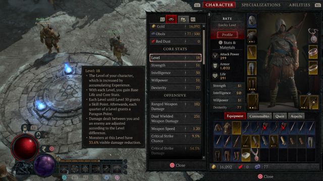 A character screen with the Stats & Materials tab open