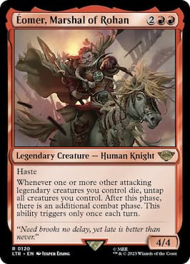 Image of Éomer, Marshal of Rohan charging into battle through MTG LTR set