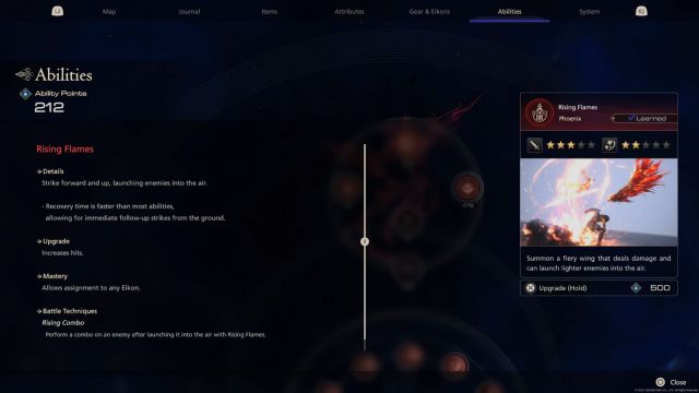 The details tab for the Rising Flames ability in Final Fantasy 16