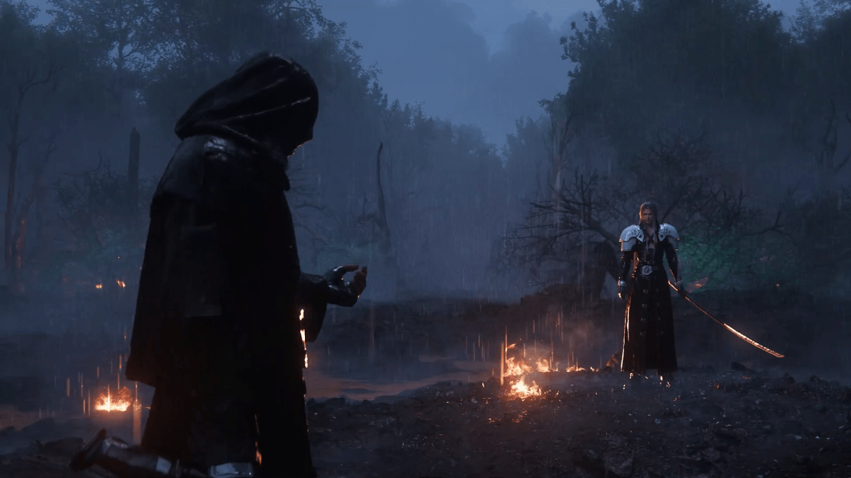 A cloaked figure prepares for a battle against an opponent wielding a sword.