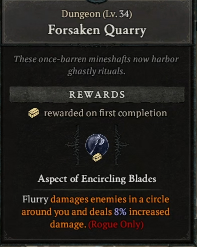 The Forsaken Quarry in Diablo 4, showing the Aspect of Encircling Blades as a reward for first-time completion.