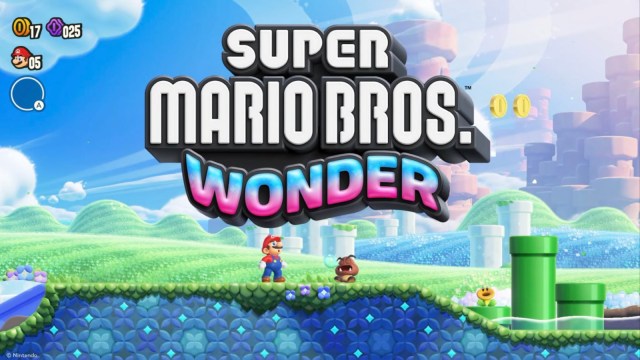 Mario stands next to a Goomba and under the title of Super Mario Bros Wonder.