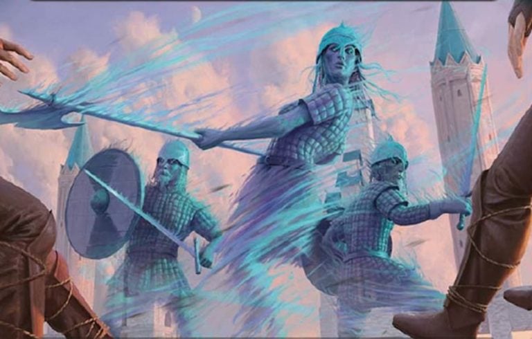 Image of spirit soldiers battling through Grey Host Reinforcements MTG card in LTR Commander