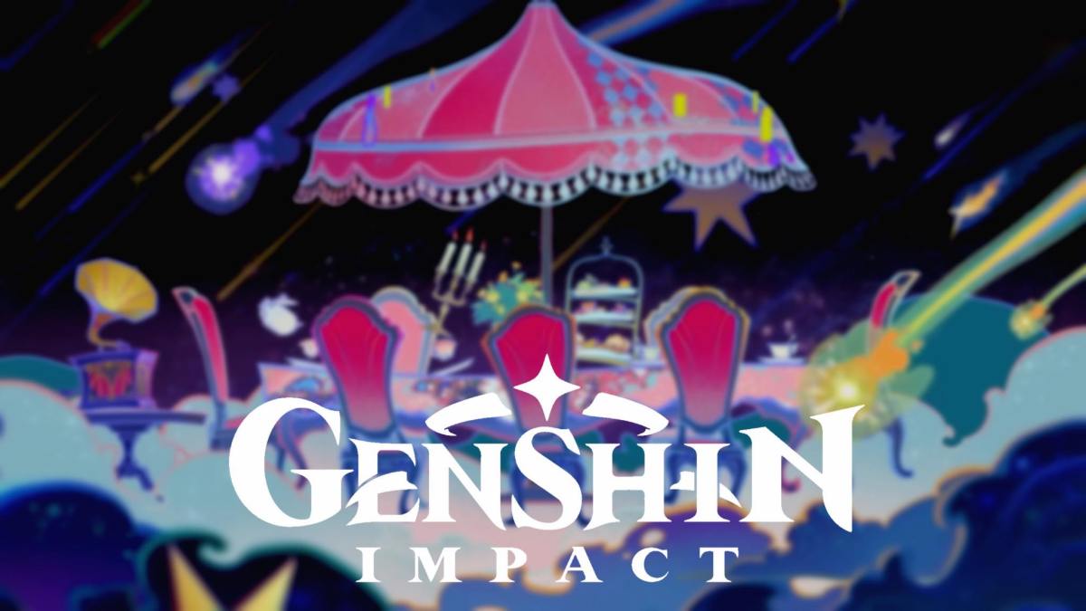 The Hexenzirkel tea party where the group gathers with the Genshin Impact logo over it.