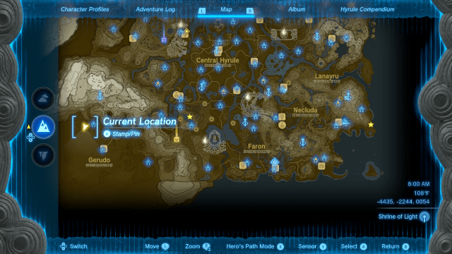 A map of Hyrule showing a location in the Gerudo Desert, in the southwest part of the kingdom.