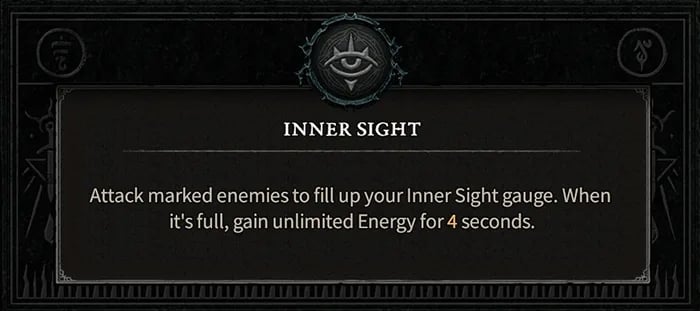 The Inner Sight Rogue specialization in Diablo 4, which reads: "Attacked marked enemies to fill up your Inner Sight gauge. When it's full, gain unlimited Energy for four seconds."