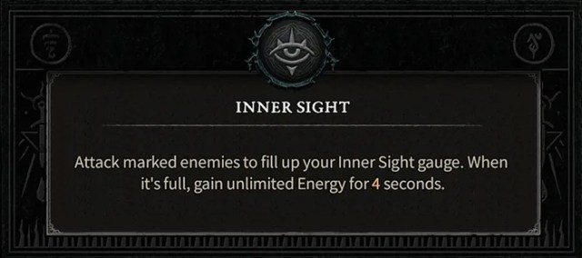 The Inner Sight Rogue specialization in Diablo 4, which reads: "Attacked marked enemies to fill up your Inner Sight gauge. When it's full, gain unlimited Energy for four seconds."