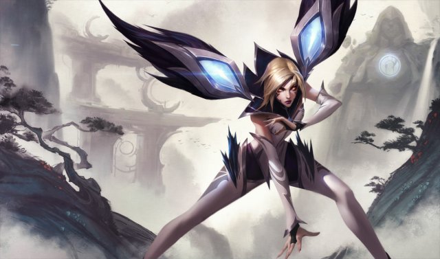 Kai'Sa wearing her Team IG skins, with blue wings, poses and prepares for a fight in League of Legends.