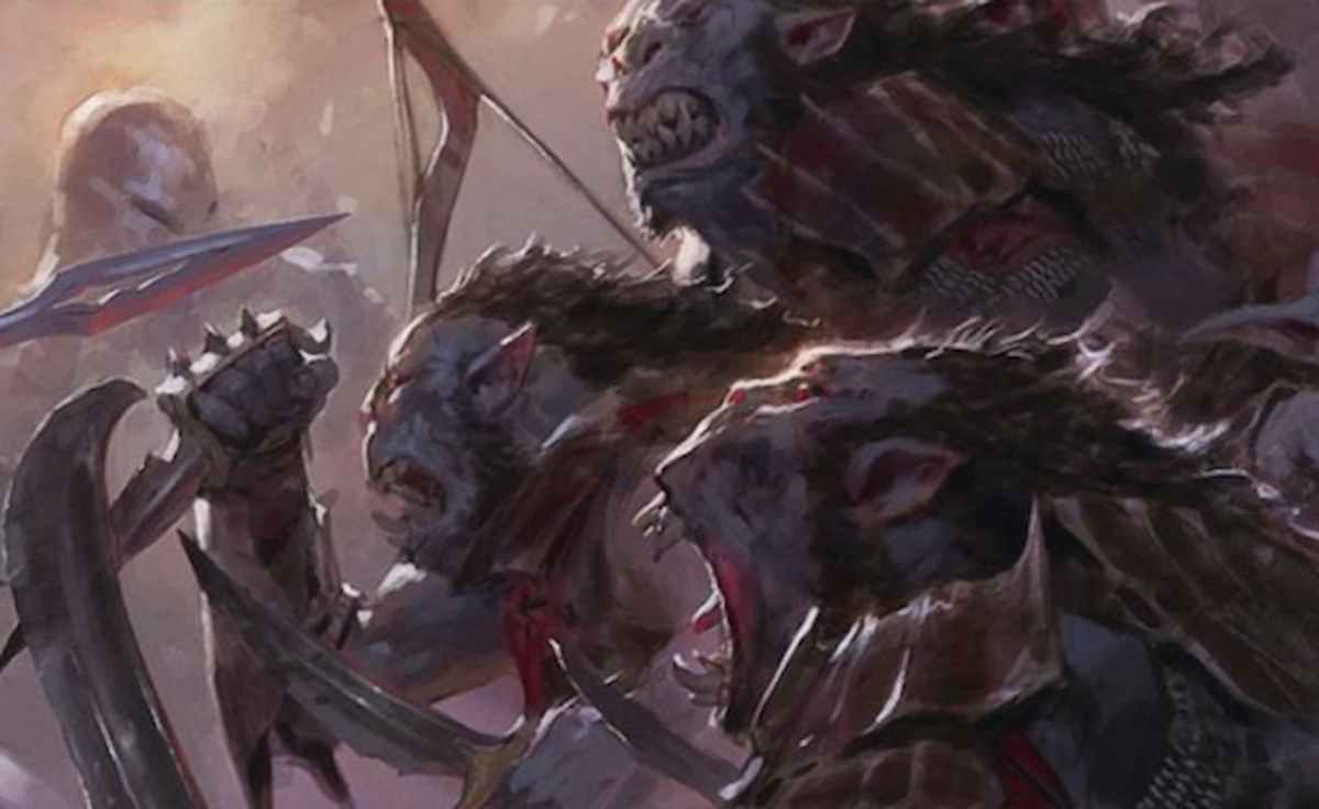 Orcs Bowmasters prepare to charge forward in the Lord of the Rings card art for Magic: The Gathering.