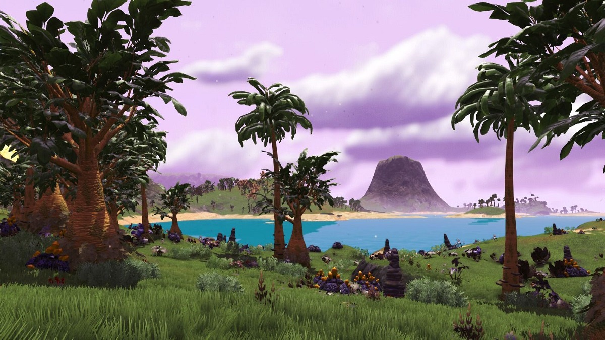 An image of the landscape of the Lush planet type in No Man's Sky.