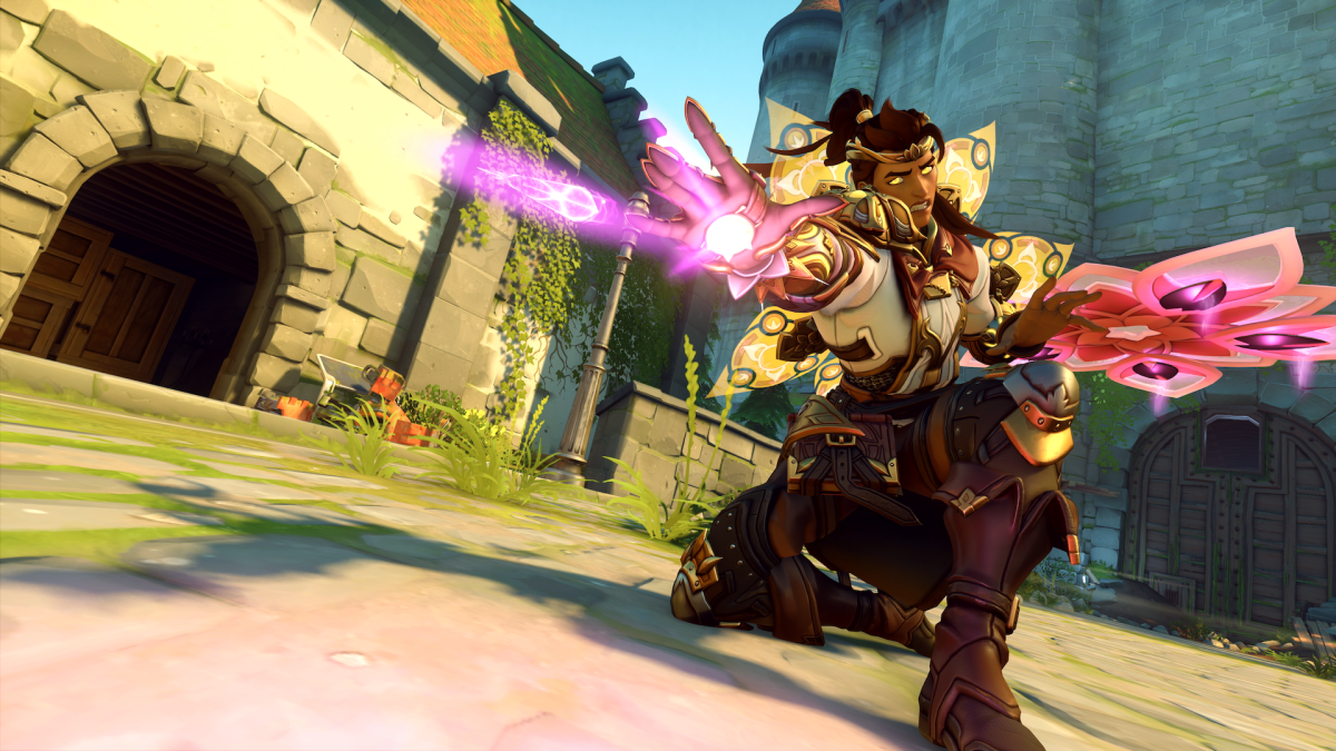Lifeweaver in his Cleric skin crouched and firing a Thorn Volley with his Petal Platform behind him with the second point of Eichenwalde in the background.