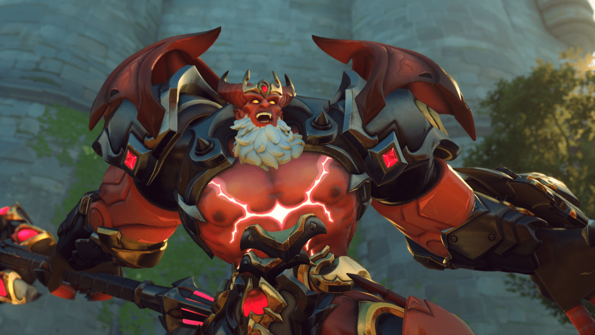 A closeup as Demon Lord Reinhardt laughing menacingly.