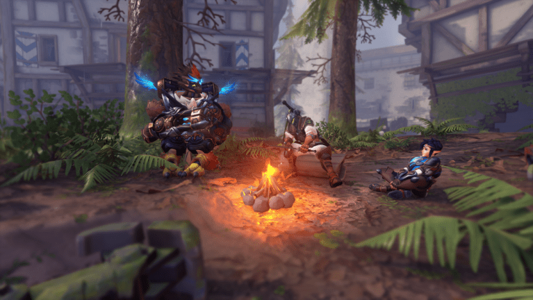 Orisa, Genji, and Tracer all sit around a campfire in their fantasy role-play skins.