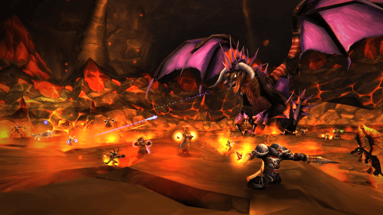 WoW players fighting Onyxia, a giant dragon with pink wings, in her lair.