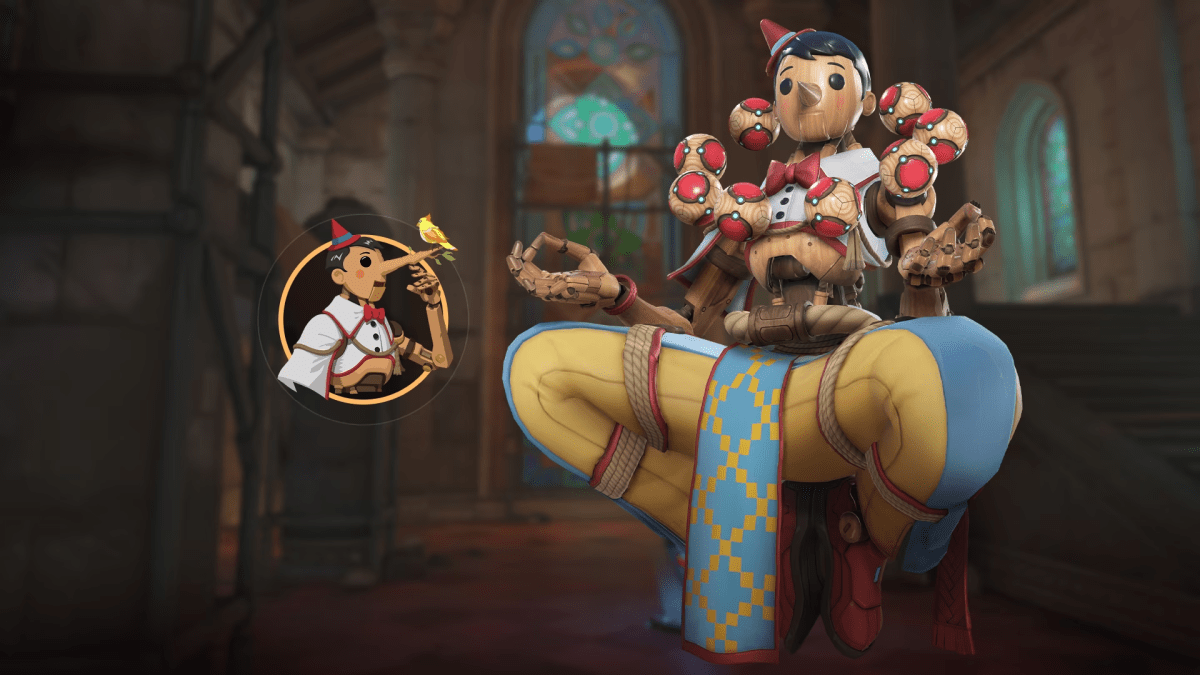 The Pinocchio Zenyatta skin floating next to the Pinocchio spray for Zenyatta.