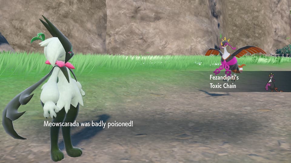 Fezandipiti's Toxic Chain activates and badly poisons Meowscarada in Pokémon Scarlet and Violet.