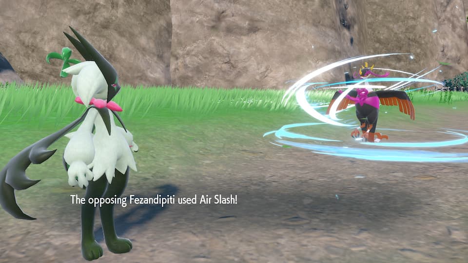 Fezandipiti using Air Slash on Meowscarada in Pokémon Scarlet and Violet.