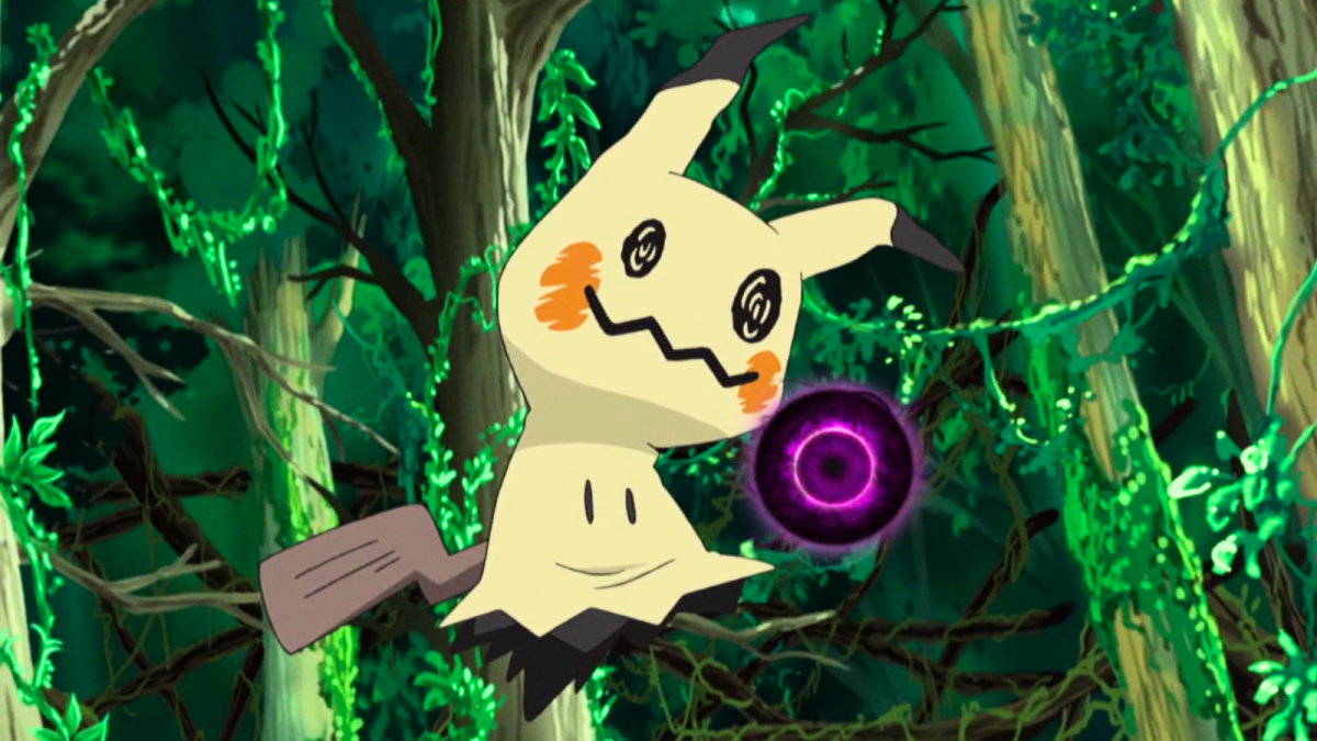 Mimikyu using Shadow Ball in the forest.