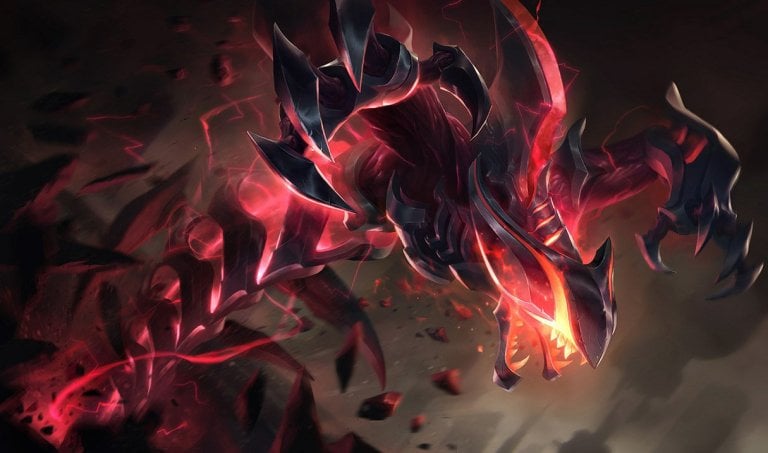 Splash art for Eternum Rek'Sai, glowing red and black, in League of Legends.