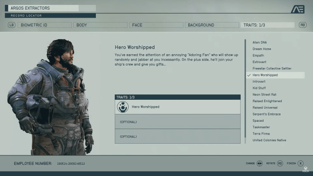 Starfield trait system screen, shows a number of traits for players to choose from including 'Hero Worshipped'