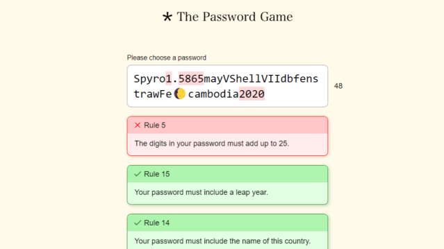 The Password Game password with rules below it