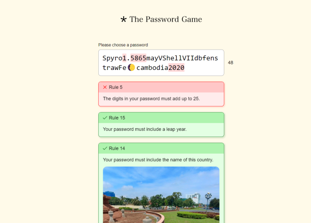 A long password has been entered in The Password Game and a list of rules are shown below it