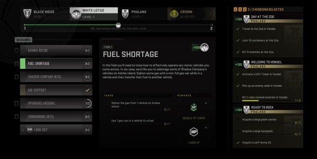 The DMZ faction mission menu, showing the details surrounding the Fuel Shortage mission in Warzone.