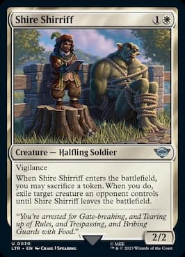 Image of halfling detaining orc through Shire Shirriff MTG card in LTR set