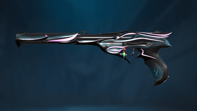 The Sovereign Ghost pistol skin in VALORANT, with sharp edges and a blue-aqua color.