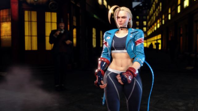 Cammy from Street Fighter 6 walking into a fight on a London street.