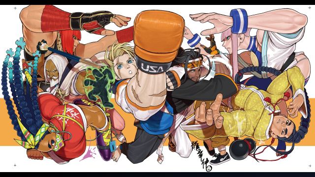Several hand drawn fighters from Street Fighter 6 including Luke, Marisa, Kimberly, Jamie, and others.