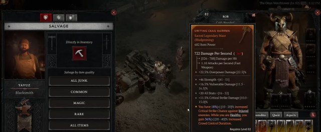 Blacksmith interface in Diablo 4.