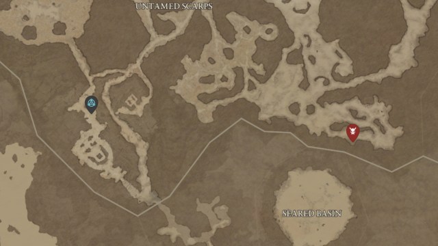 The location of Zarozar the Mighty shown on the Diablo 4 map, east of Jirandai.