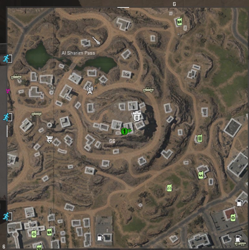 A screenshot of a map of Al Mazrah in DMZ, with a green mark indicating the location of a dead drop.