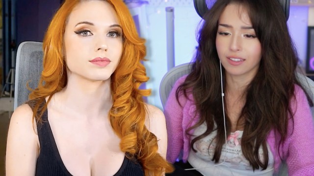 Amouranth and Pokimane in their separate streaming rooms.