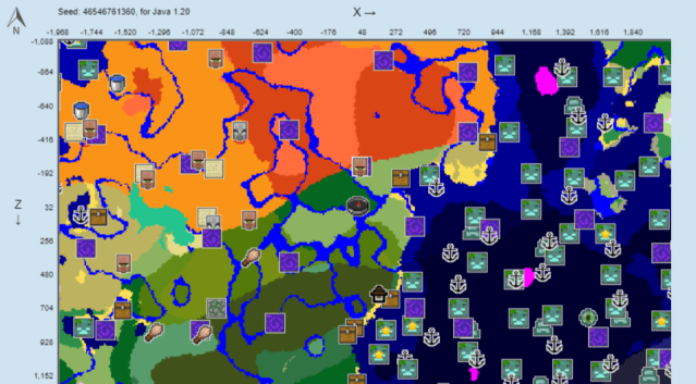 A map of seed 46546761360 in Minecraft.