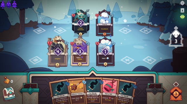 A screenshot of Wildfrost in which the characters' attack orders are highlighted on each card in purple.