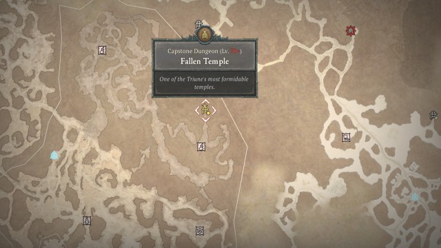 A screenshot of the map in Diablo 4 showing the location of the Fallen Temple Capstone Dungeon.