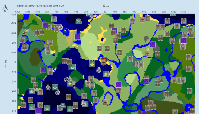 A map of the spawn area near a coastal village.