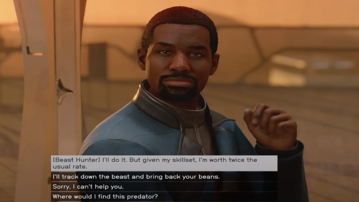 Conversation options in Starfield, including a specific approach for the Beast Hunter background.