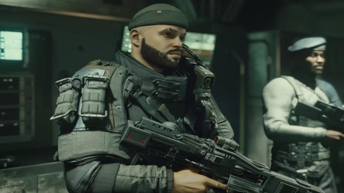 A character in Starfield dressed like a soldier in a beret and holding a gun.