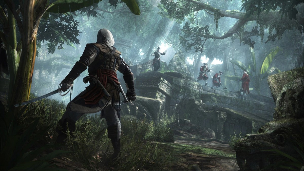 A character wields a sword next to a tree, looking out at enemies on a small cliff of ruins in a jungle.